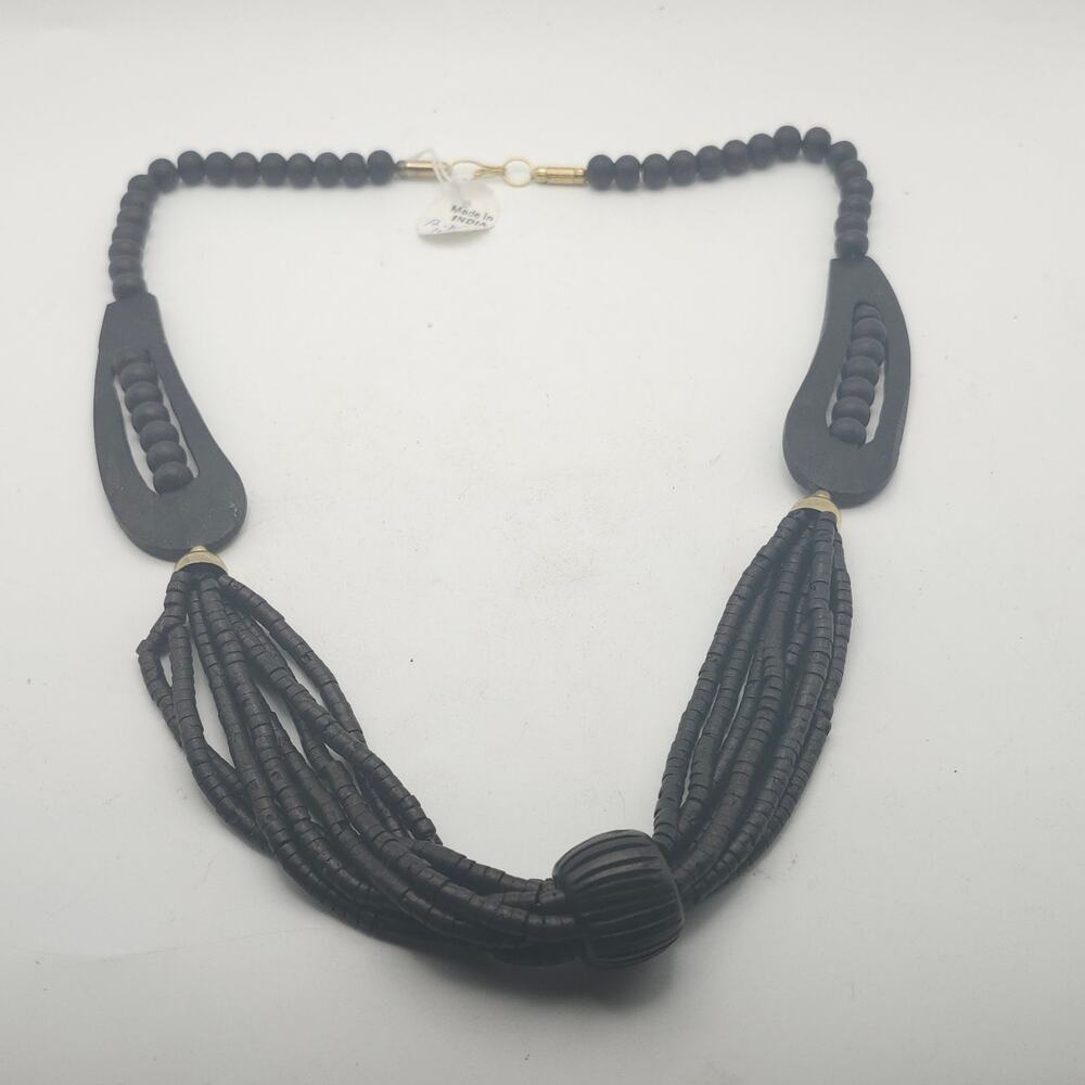Black Wooden Multi Strand Statement Necklace Carved Bead Bib Boho India Artisan